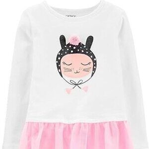 Carter's Toddler Girls' White/Pink Long Sleeve Cartoon Cat Tee Size 5T NWT